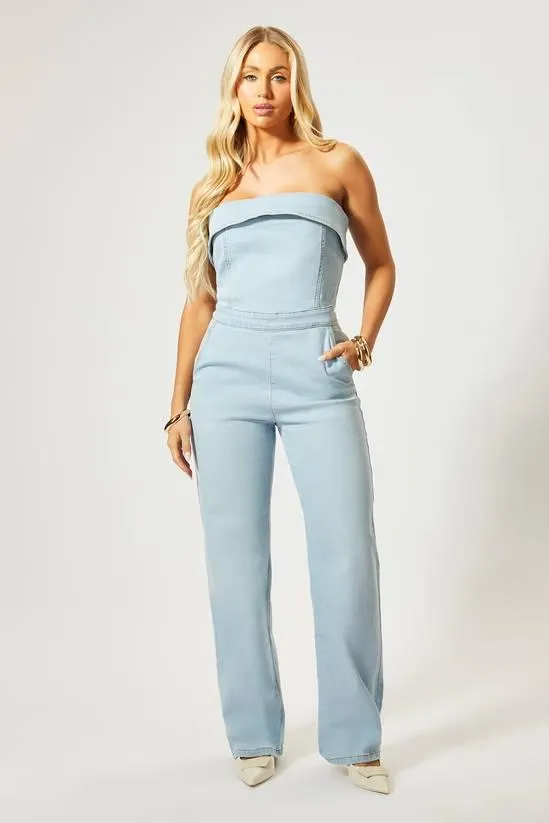 Fold Over Bandeau Denim Jumpsuit