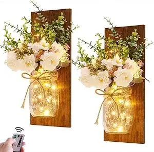 Product Summary: Rustic Wall Sconces Mason Jar Sconces Handmade Wall Art Hanging Design with Remote Control LED Fairy Lights and White Peony,Christmas Decor Gift Farmhouse Wall Home Decor Living Room Lights Set of Two