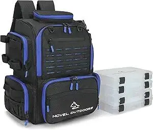 Large Fishing Backpack with 4 Tackle Boxes - Waterproof Fishing Tackle Backpack with Fishing Rod Holder - Heavy Duty 43L Fishing Tackle Box for your Fishing Lures and Fishing Gear