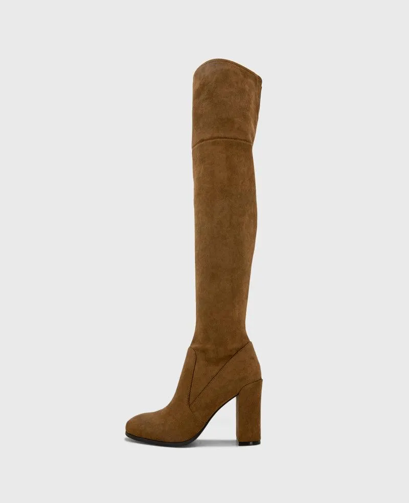 Josie Suede Tall Knee Heeled Boot - COGNAC