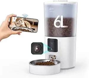 Automatic Cat Feeder with Camera and App, 6L Pet Dry Food Dispenser for Cats/Small Dogs, Timed Auto Control Meals, WiFi 2.4G / 5G