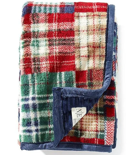 Warm Shop Collection Reversible Patchwork Plaid Sherpa Plush Throw Blanket
