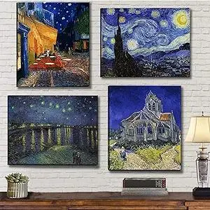 Vincent Van Gogh Canvas Wall Art - Starry Night Over The Rhone - Cafe Terrace At Night Paintings, Classic Artwork Pictures Poster Prints for Bathroom Living Room Office Decor