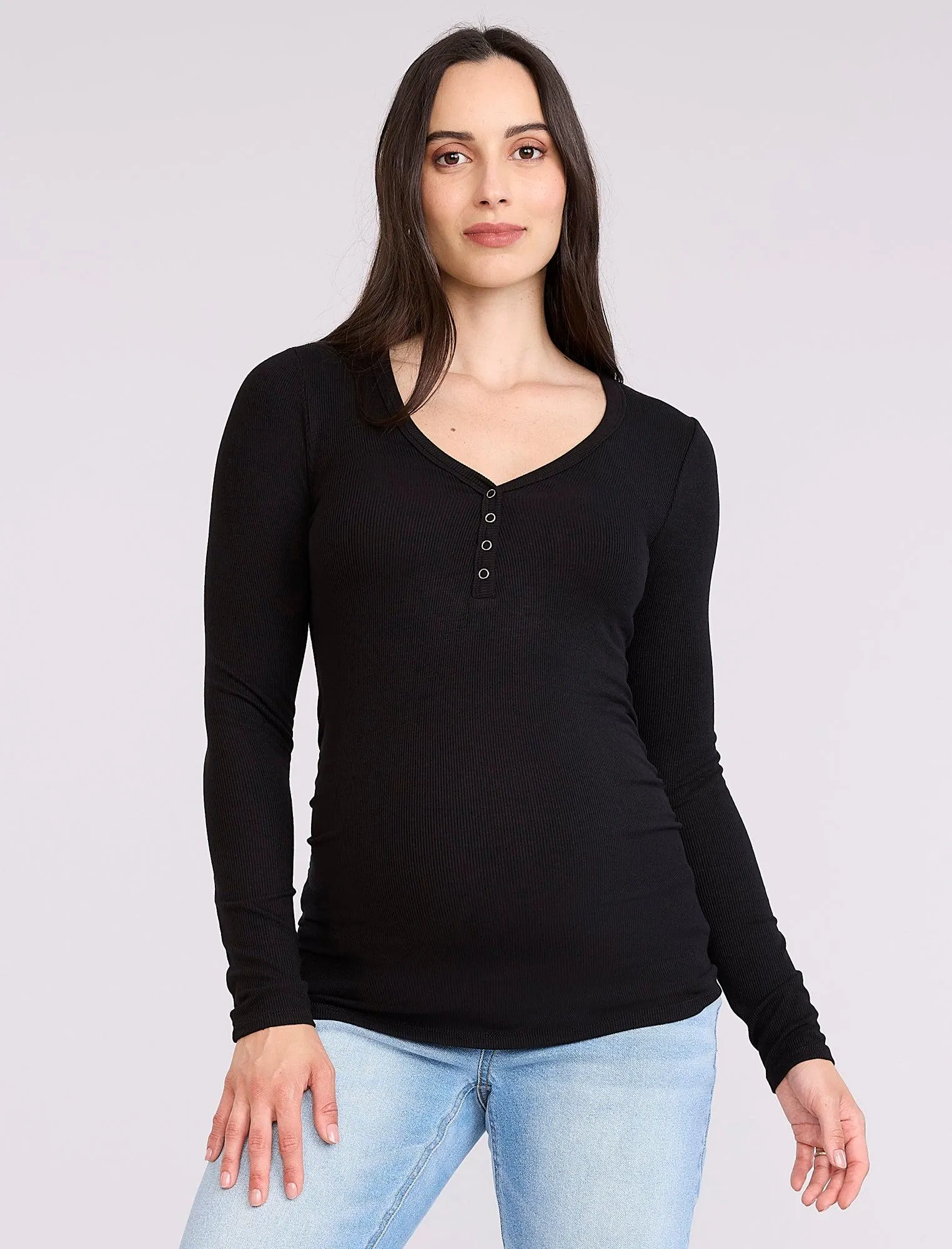 Side Ruched Long Sleeve Henley Maternity Rib Tee