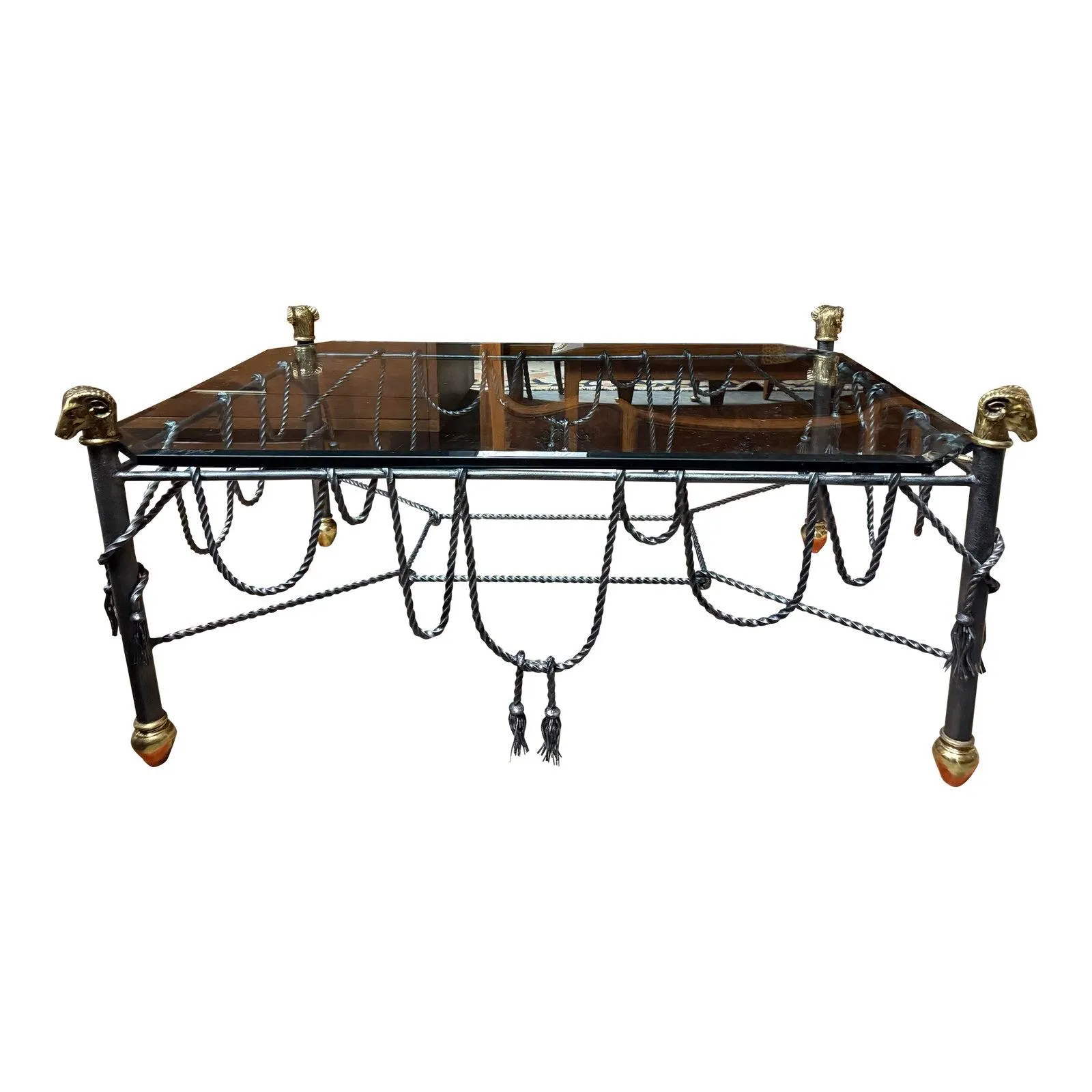 Maison Jansen Style Iron Rope and Tassel Rams Head Cocktail Table