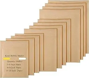 100 Pcs Kraft Bubble Mailers 3 Size Padded Envelopes Kraft Poly Mailers Bubble Lined Shipping Envelopes Mail Shipping Bags for CDs Book Business Supplies (Natural)