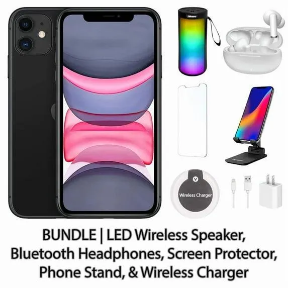 Restored Apple iPhone 11 64GB Black Fully Unlocked Bundle: LED Wireless Speaker, Bluetooth Headphones, Screen Protector, Wireless Charger, & Phone Stand (Refurbished)