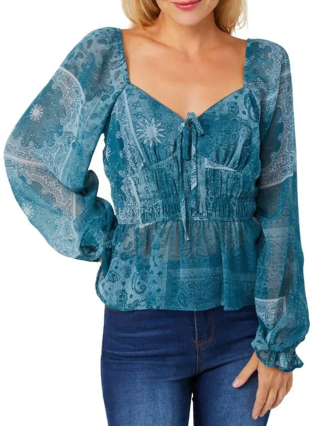 Trixxi Juniors Long Sleeve Paisley Chiffon Top