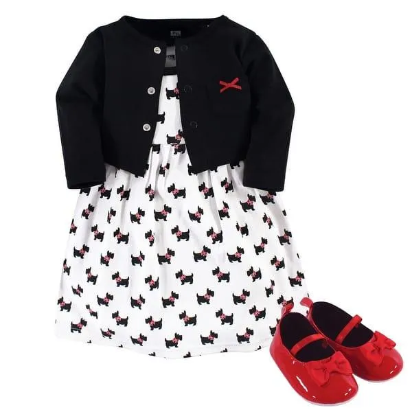 Hudson Baby Infant Girl Cotton Dress, Cardigan and Shoe 3pc Set, Scottie Dog