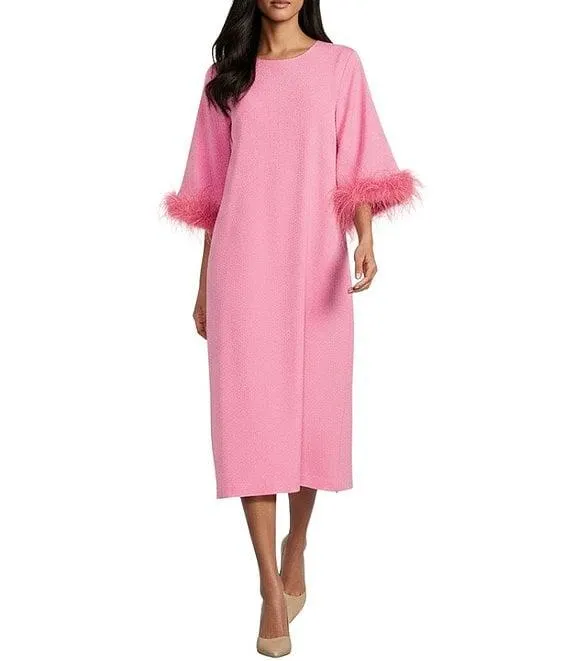 Emmeline Round Neckline Long Feather Sleeve Stretch Crepe Midi Dress