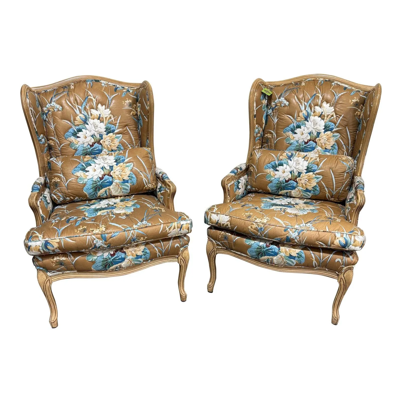 Petite Quilted Floral Wingback Chairs - a Pair