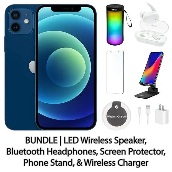 Restored Apple iPhone 12 128GB Blue Fully Unlocked Bundle: LED Wireless Speaker, Bluetooth Headphones, Screen Protector, Wireless Charger, & Phone Stand (Refurbished)