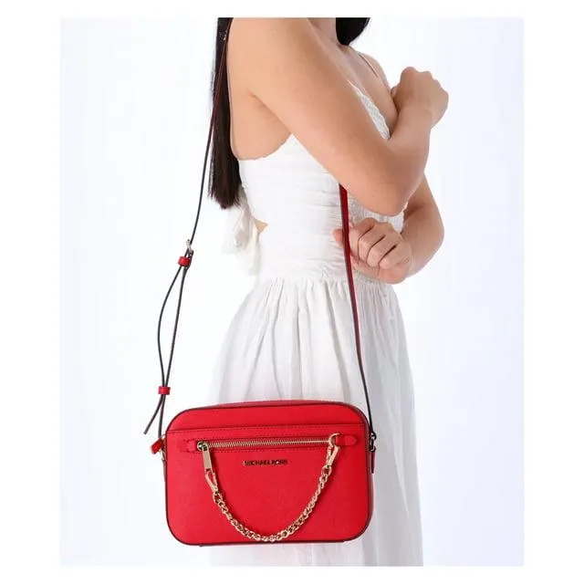 Michael Kors Jet Set Large East West Zip Chain Crossbody Bag Bright Red Leather