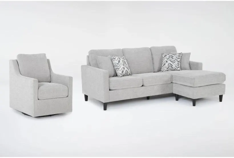 Stark Light Grey Fabric Sofa with Reversible Chaise & Light Grey Fabric Swivel Armchair