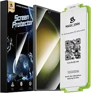 MAGIC JOHN 2 Pack for Samsung Galaxy S23 Ultra Screen Protector [PET Film Material Not Glass] 6.8 inch,[100% Fingerprint ID Compatible] Easy Installation Tray, Shock-Resistant, 3D Curved, Bubble Free, Scratch Proof, HD Clear, Case Friendly