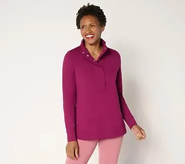 Denim & Co. Active French Terry Snap Top with Waffle Collar