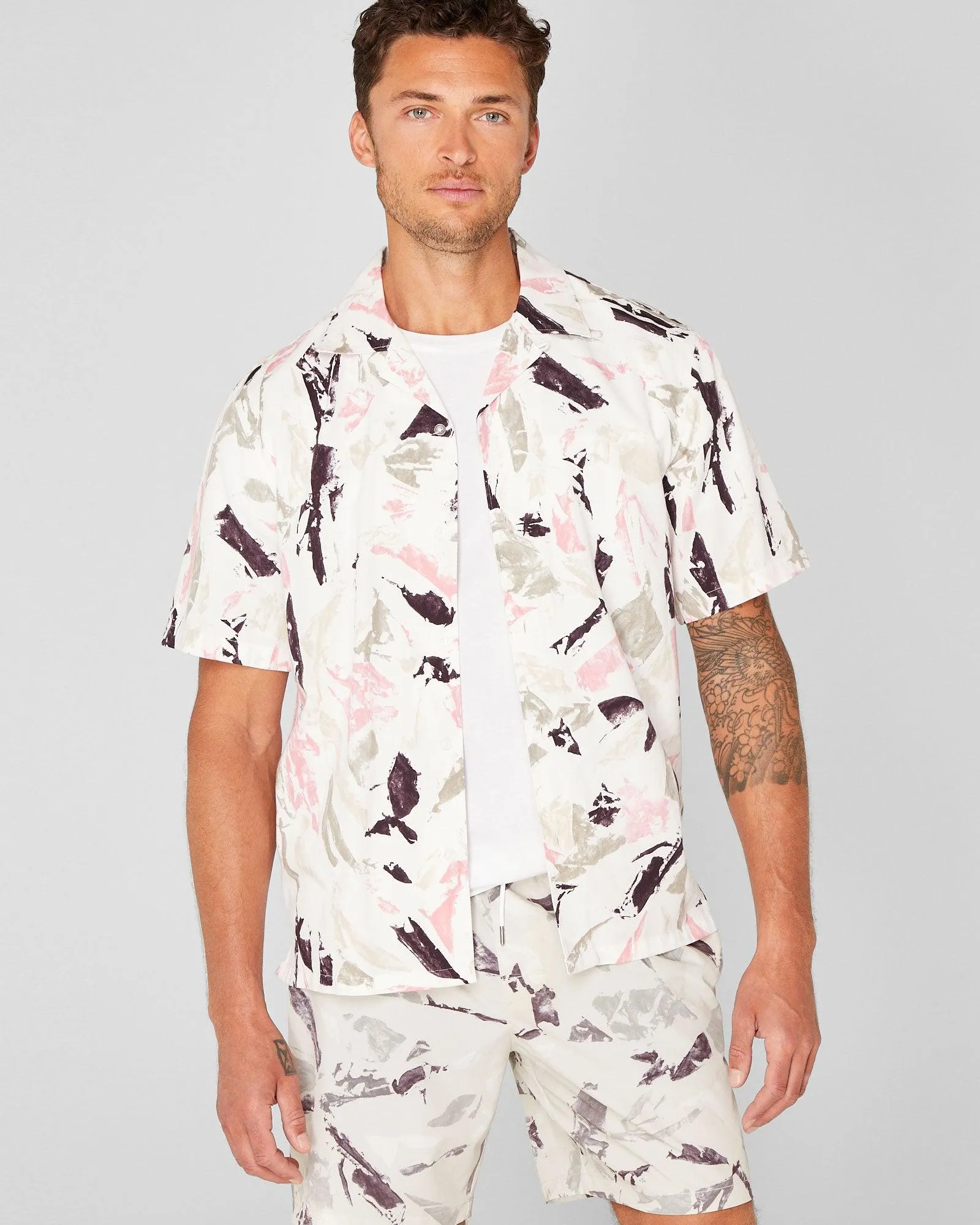 Short Sleeve Camp Collar Block Print Shirt