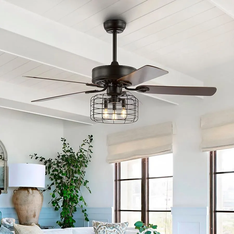 JONATHAN Y Asher Metal/Wood Industrial Rustic 52-in Forged Black with Walnut/Red Walnut Blades Indoor Propeller Ceiling Fan with Light and Remote (5-Blade)
