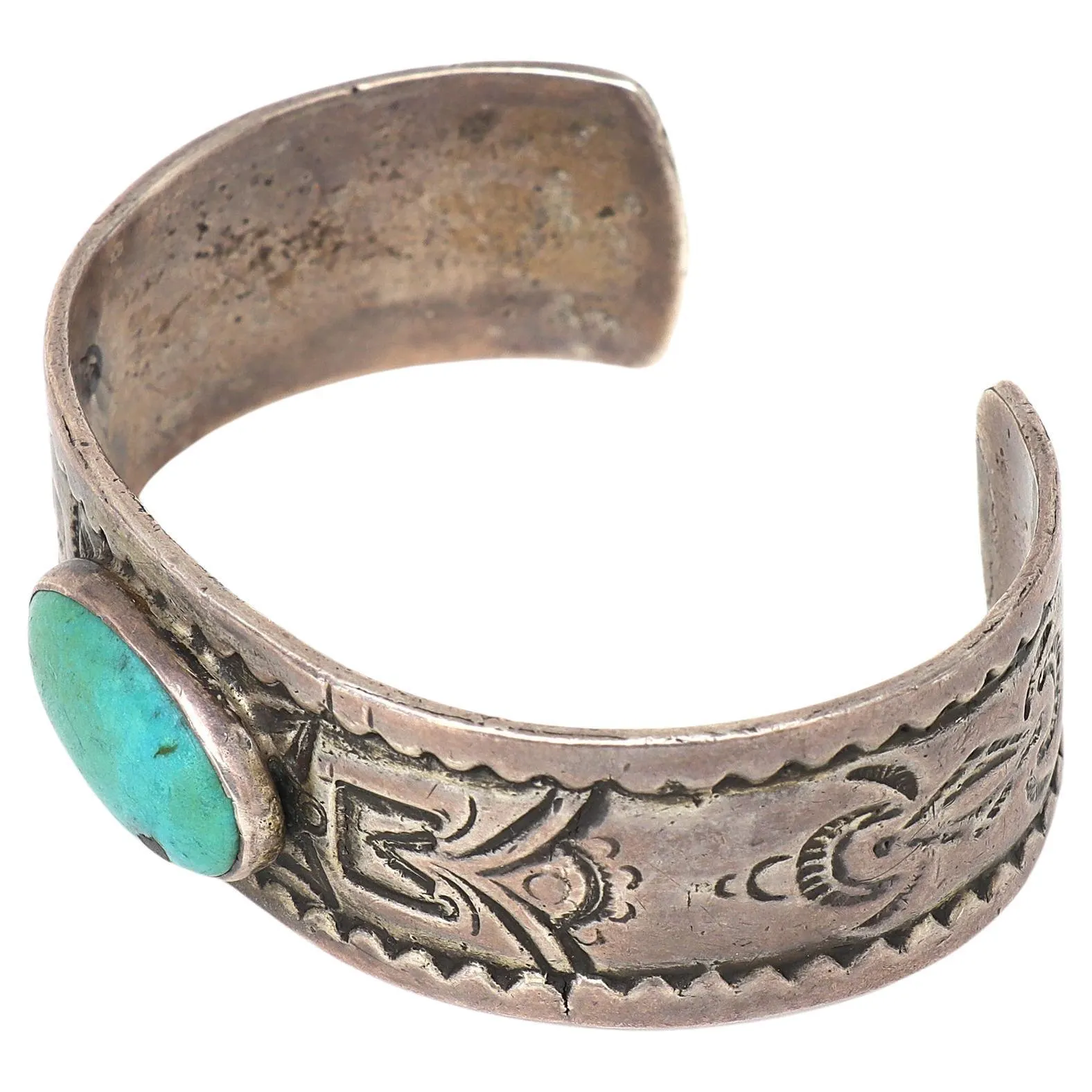 Vintage Pueblo Native American Old Pawn Ingot Silver Bracelet, Turquoise c. 1915