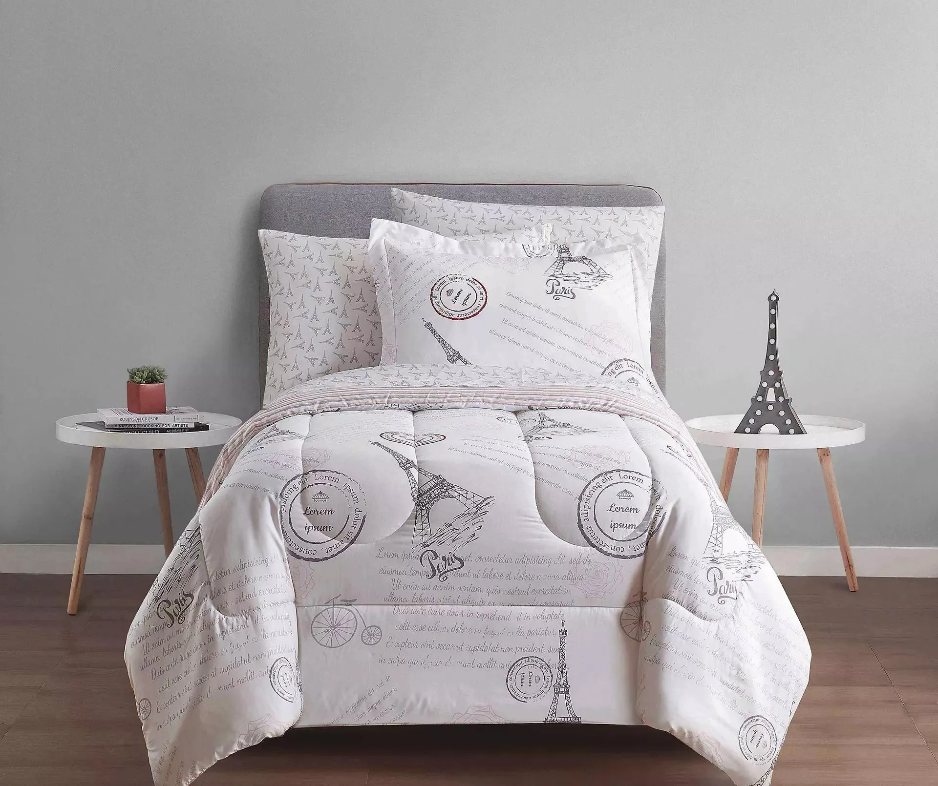 White & Pink Paris Bed-in-a-Bag Reversible Twin 6-Piece Comforter Set