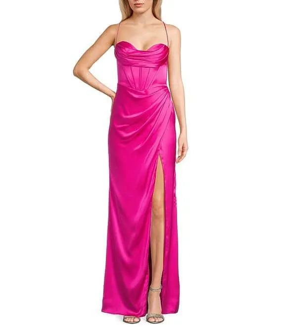 Social Corset Cowl Neck Lace-Up Back Slit Hem Satin Long Dress