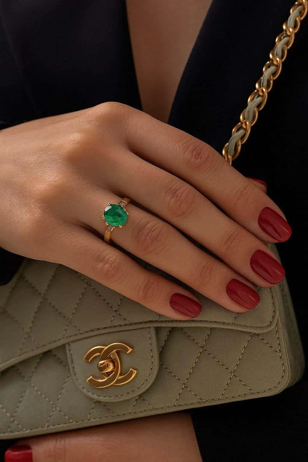 Bochic “Capri” Vintage Natural Diamond & Emerald Ring Set In 18K Gold & Silver