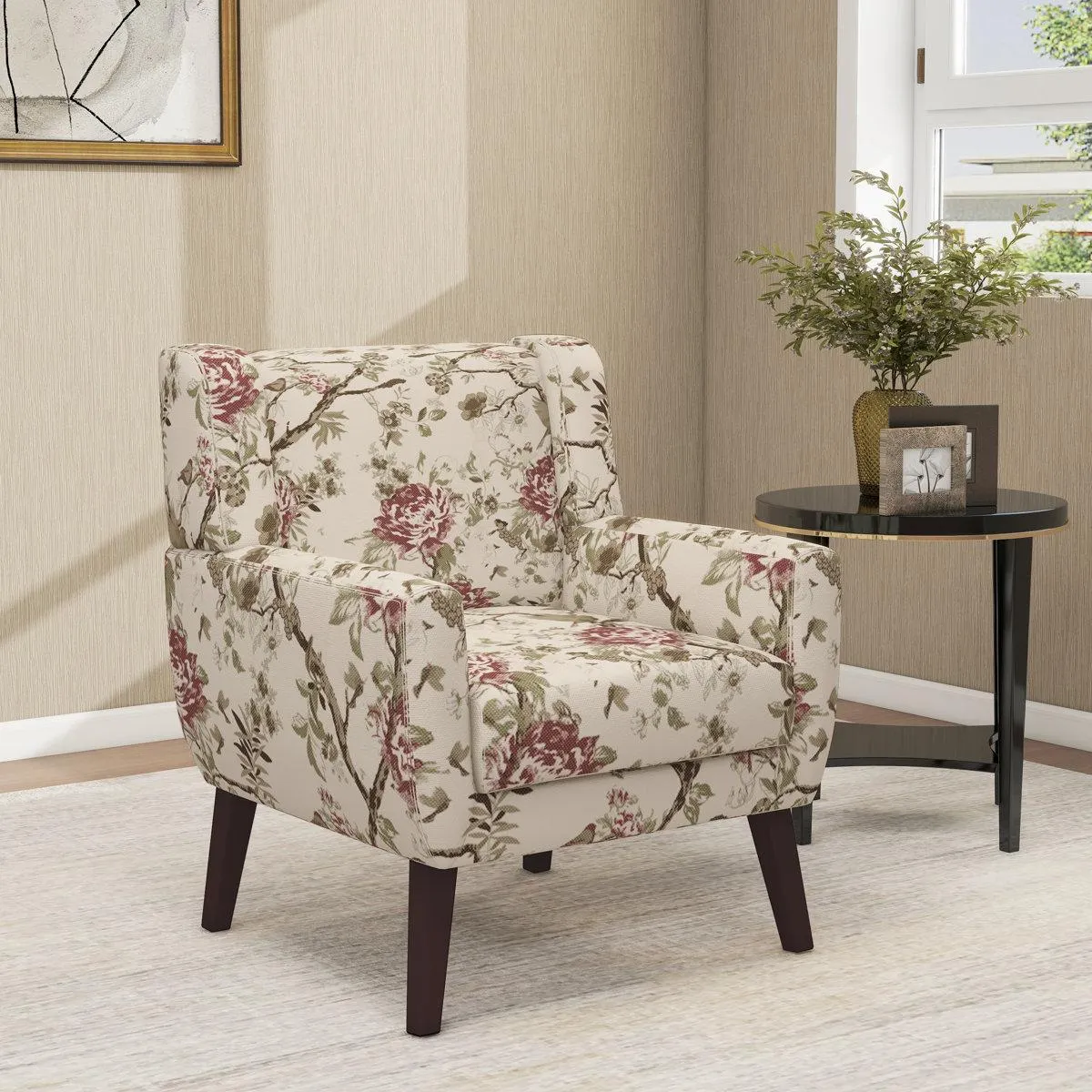 Jaqueze Tufted Upholstered Wide Back Armchair with Solid Wood Leg