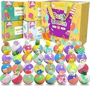 Bath Bombs for Kids with Surprise Inside, 32 Pack Bath Bombs with Land & Sea Animal Toys, Handmade Fizzy Bubble Children Bath Ball Gift Set for Kids Birthday, Christmas, Mothers Day Gifts for Daughter