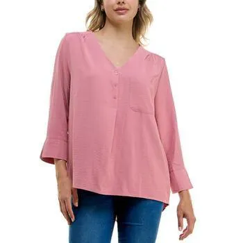Womens Zac & Rachel Long Sleeve Solid Button Front Crinkle Blouse