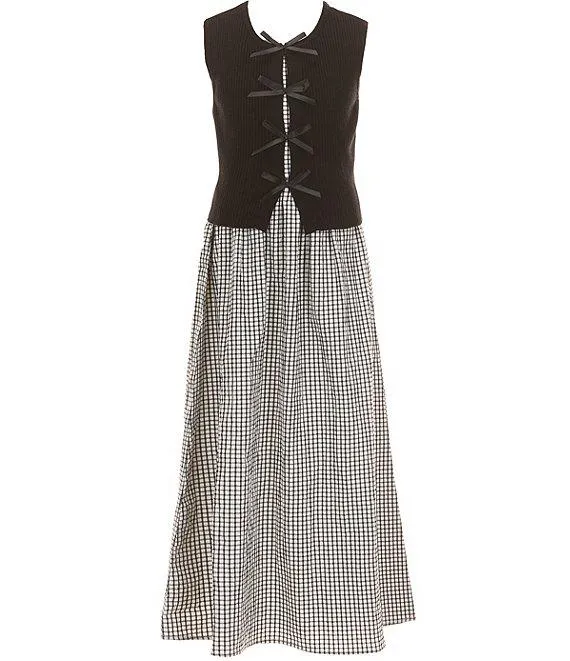 Big Girls Sleeveless Knit Bow Vest & Gingham Dress Set