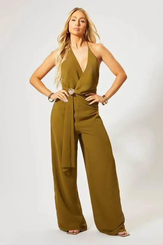 Shell Trim Wide Leg Halterneck Jumpsuit