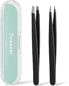 Tweezers for Women Facial Hair, Slant & Point Tip 2 Pack Eyebrow Tweezers for Men, Professional Tweezer Set Stainless Steel Precision Tweezers for Eyebrows, Splinter, Ingrown Hair Removal