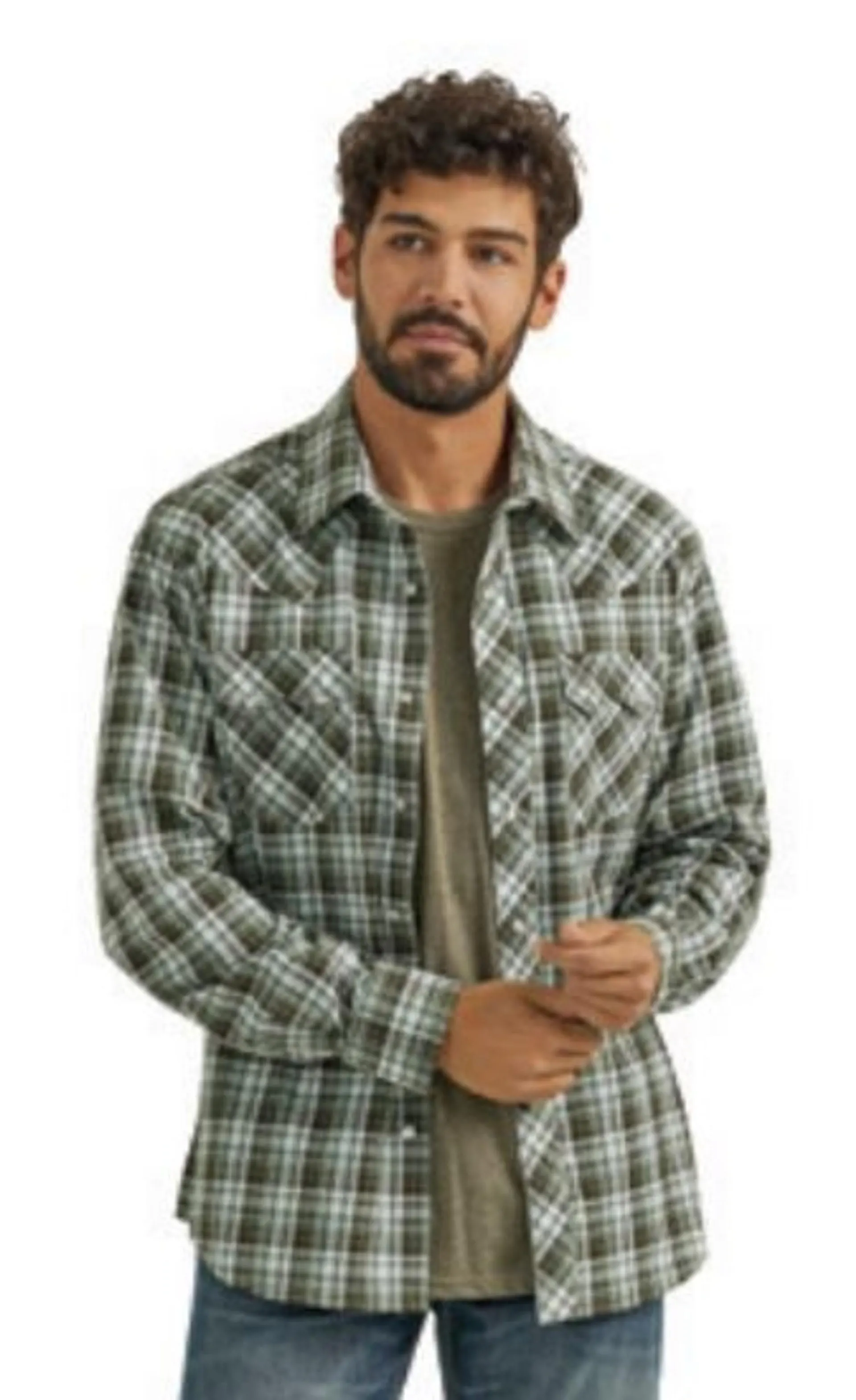 Wrangler Mens Green Retro Modern Fit Long Sleeve Shirt