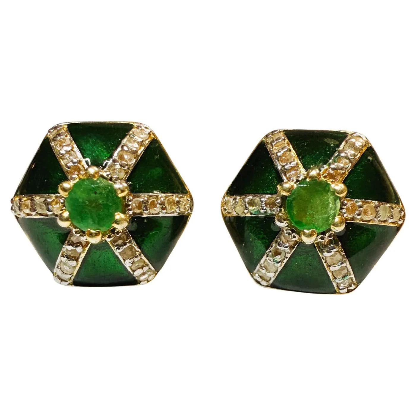 New .86 Carat Emerald & Diamond Cut Sapphire & Enamel 14k Gold PL Earrings