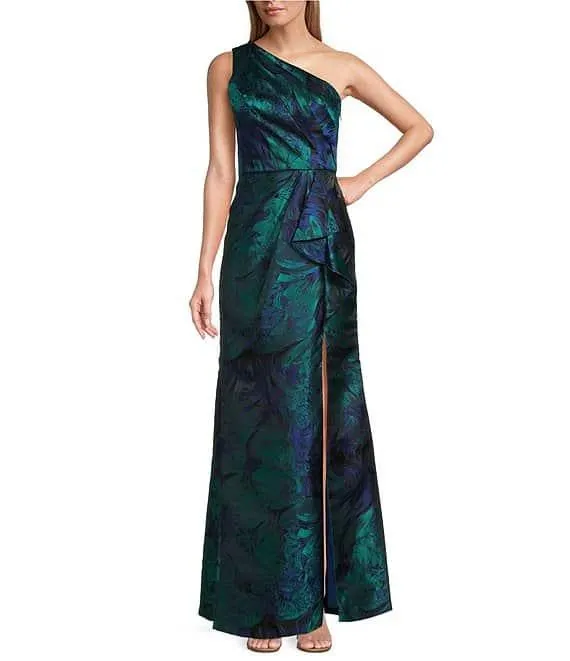 Floral Jacquard One Shoulder Sleeveless Mermaid Gown