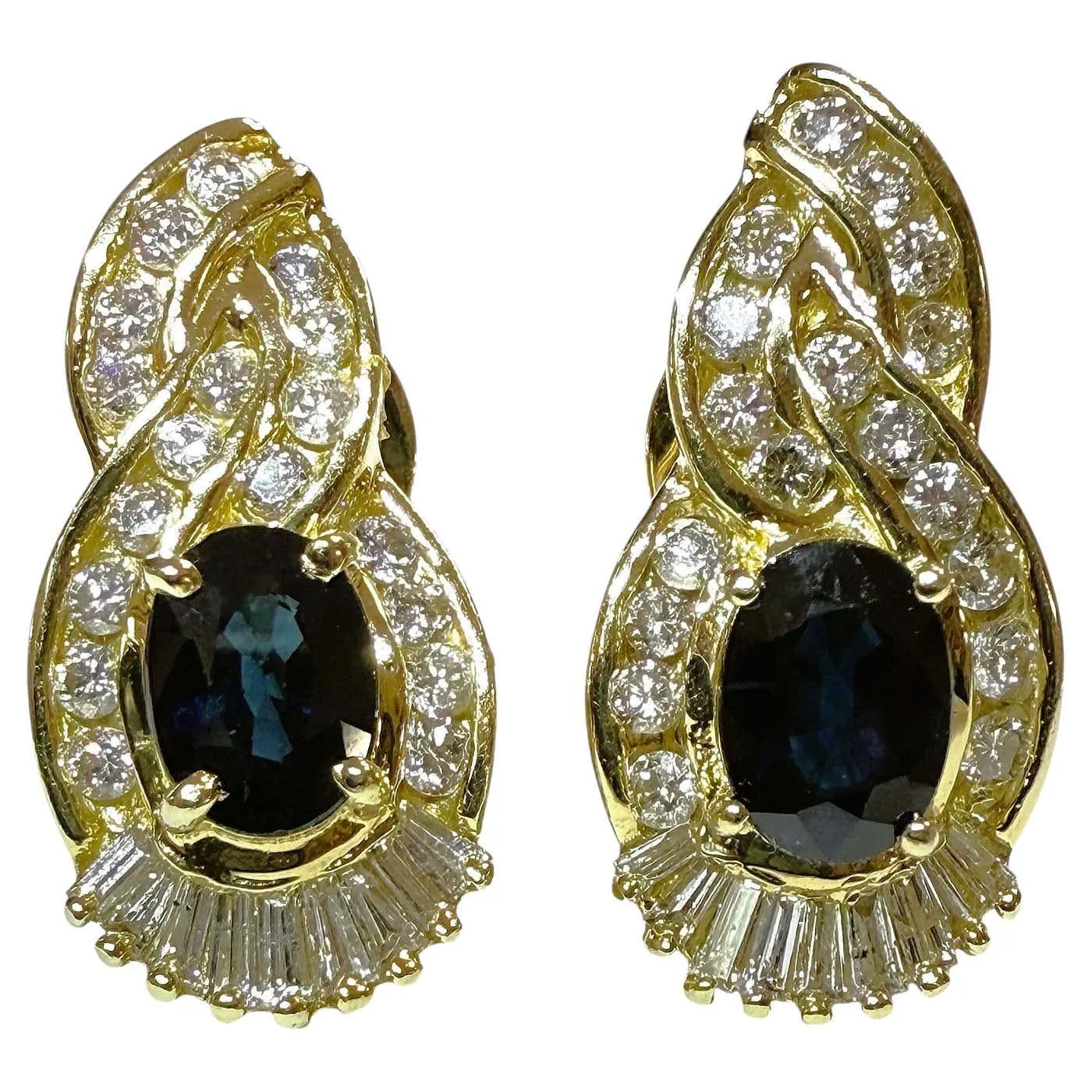 14K Yellow Gold 1.44 Carat Sapphire & 1.08 Carat Diamond Omega Earrings