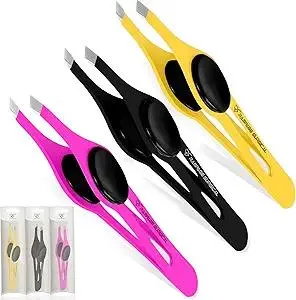 Professional Eyebrow Tweezers Slanted Tip Stainless Steel 2,3xPcs Set, Non-Slip Grip Slant Tip Tweezers for Facial Hair, Plucking Removing Ingrown Hairs, Tweezer for Women Men (Black&Pink&Yellow)