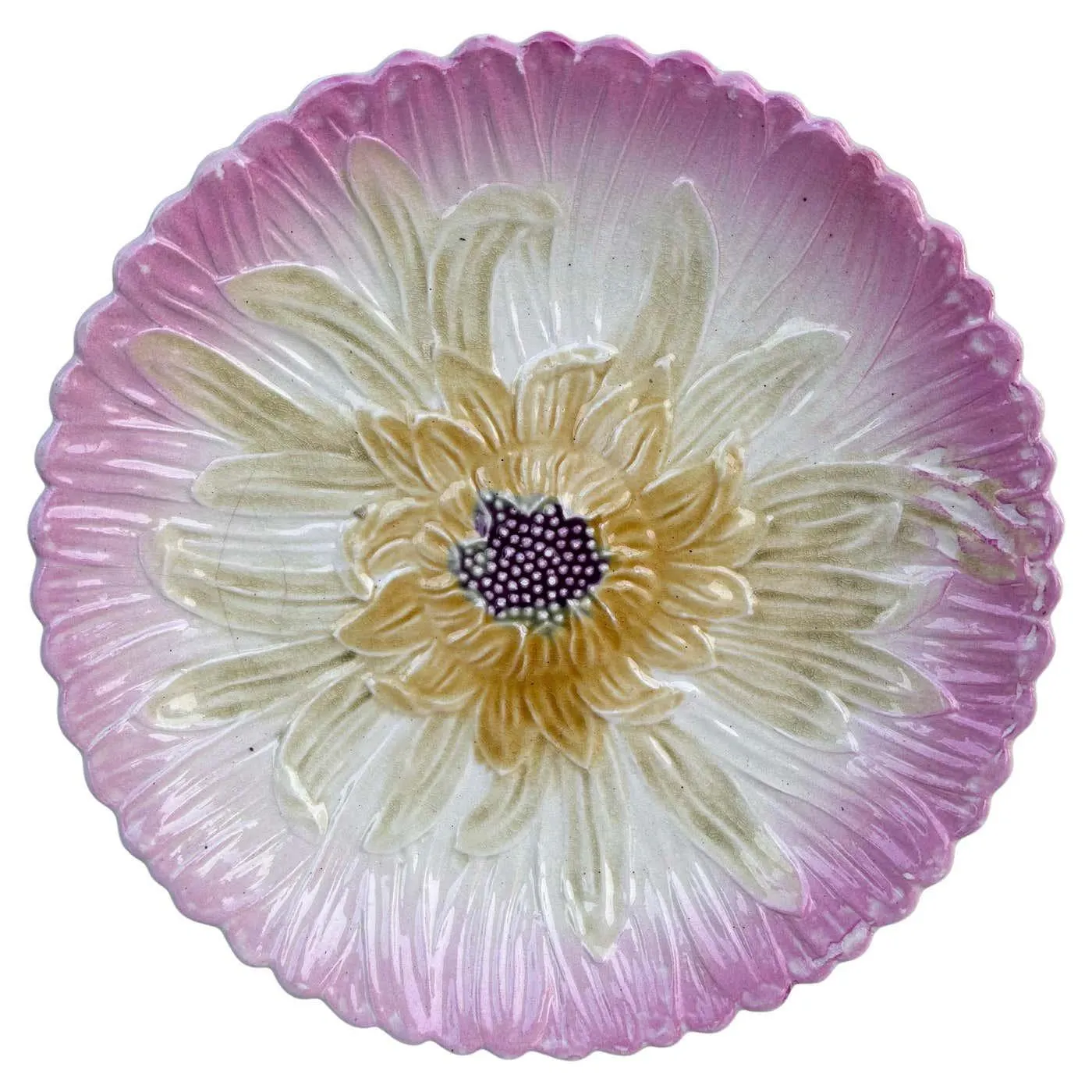 French Majolica Pink Daisy Plate Orchies, circa 1890