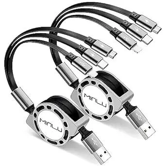 Multi Charging Cable 3A, [2Pack 4ft] Retractable Multi Charging Cord 3 in 1 Fast Charger Cord, Multi Charger Adapter with Lightning/Type C/Micro USB Ports for Cell Phones/iPhone/Samsung/PS/Tablets