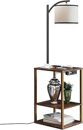 SUNMORY Floor Lamp with Table, End Table with Lamp, Shelves, Charging Station(USB & AC Port), 3-Color Temperature LED Bulb, Side Table Lamps for Living Room, Bedroom, Office, Rustic Brown