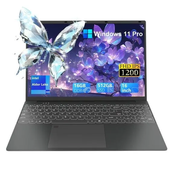 SANPTENT 16 inch Windows 11 Pro Laptop 16GB RAM 512GB SSD with 4 Core Intel Alder Lake N95, 1920x1200 FHD IPS Screen, FingerPrint, Backlit Keyboard, Ultra Thin and Light