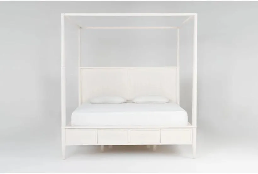 Austen White Queen Wood Platform Canopy Bed With Side Storage | Poster | Drawers