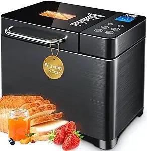 KBS 710W Convection Bread Maker Dual Heaters, 2LB 17-in-1 Automatic Bread Machine with Full Ceramic Pan, Fruit Dispenser, Glass Touch Panel, Black Stainless Steel, 15H Timer&Keep-Warm,Low-Noise,Recipe