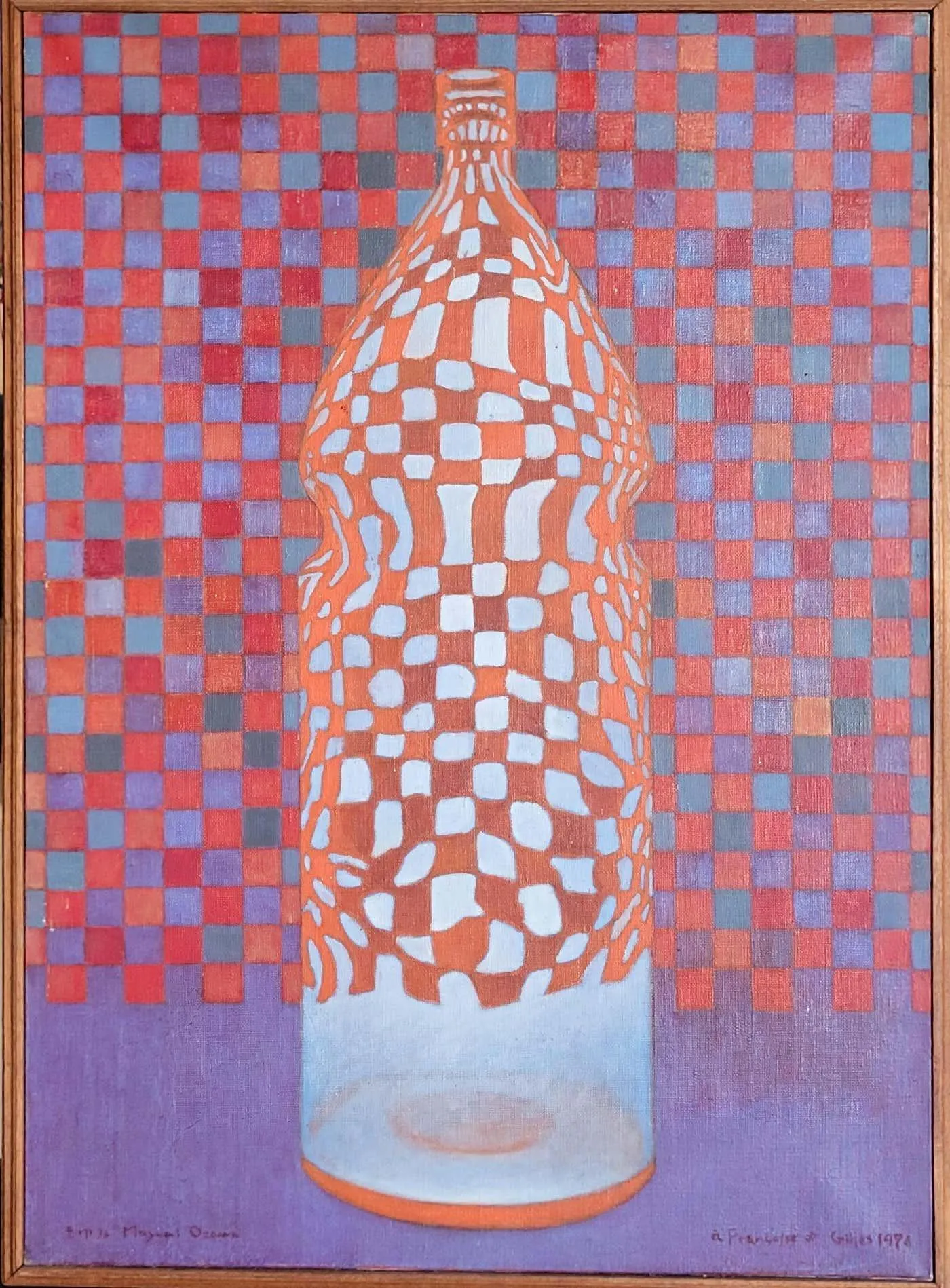Mayumi Ozawa Still Life of a Bottle. Op Art. Acrylic on Canvas. 1976