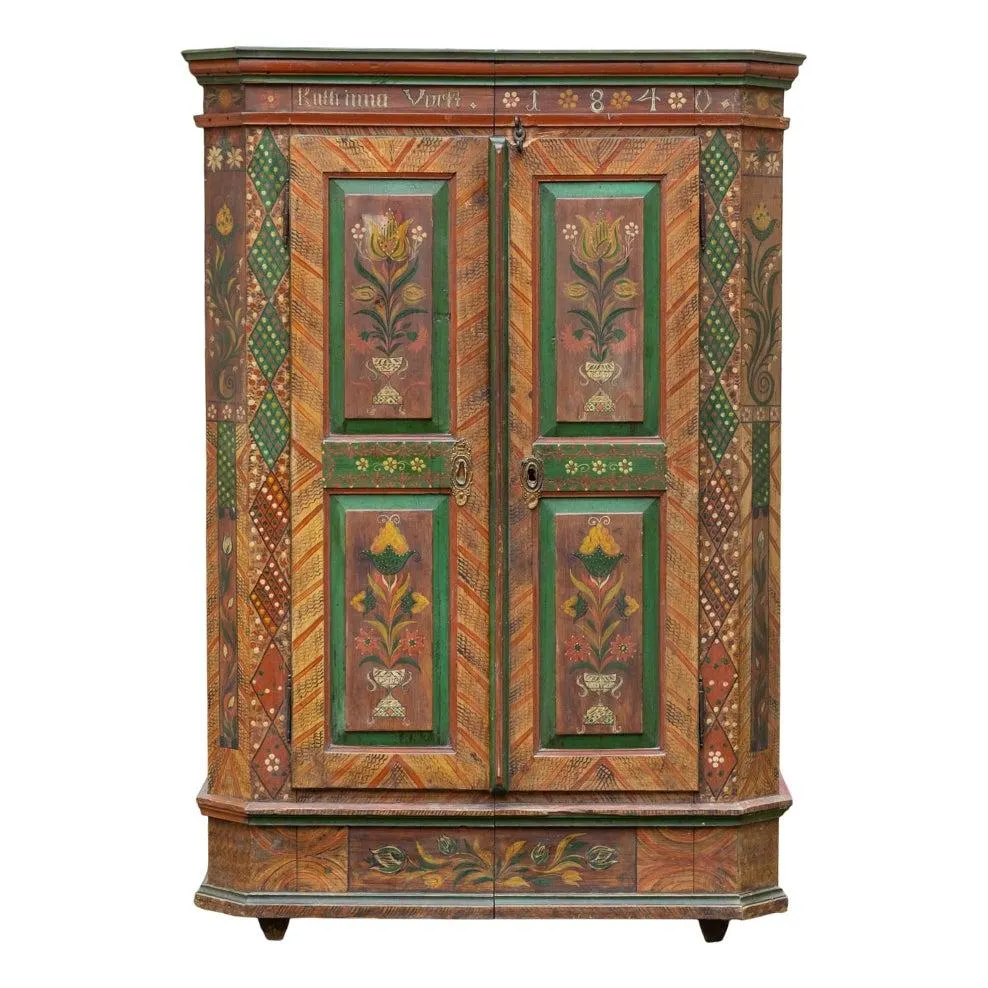 Hand-Painted Folk Art Wardrobe, Southern Germany, Dated 1840, Inscribed Katharina Vorth