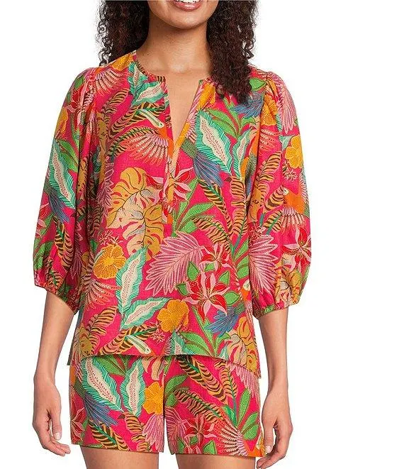 Coordinating Floral Printed Split V-Neck 3/4 Puff Sleeve Top
