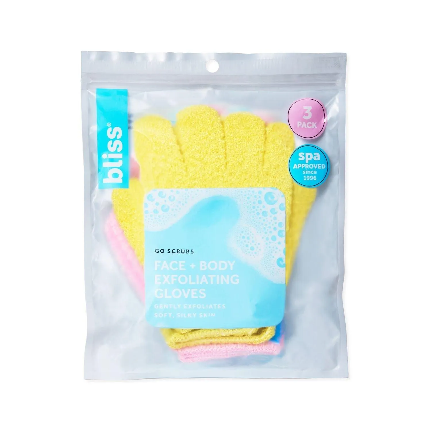 Go Scrubs Face + Body Exfoliating Gloves-Pink/Yellow/Blue