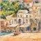Pino Romanò, Red Boat in Scilla, Oil Painting, 1990s
