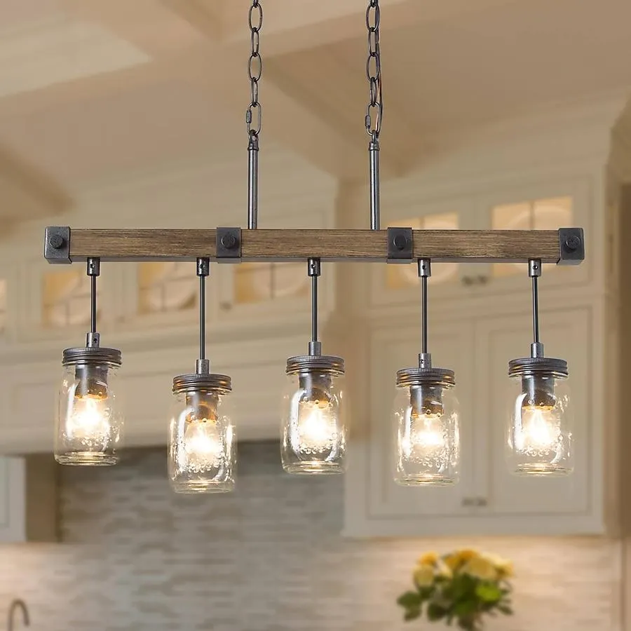 LNC Aries 5 -Light Distressed Rusty Black and Brown Wood Grain Farmhouse Textured glass Linear Large Hanging Kitchen island light