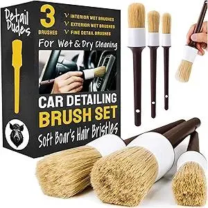 Soft Boars Hair Car Detailing Brush Set for Washing (3 Pack) - Car Detailing Kit - Automotive Cleaning Brush